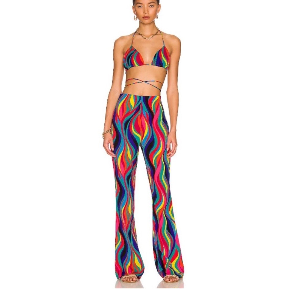 Superdown Revolve Tamera Multicolor Bra Top & Flare Pant set Retro Funky XS